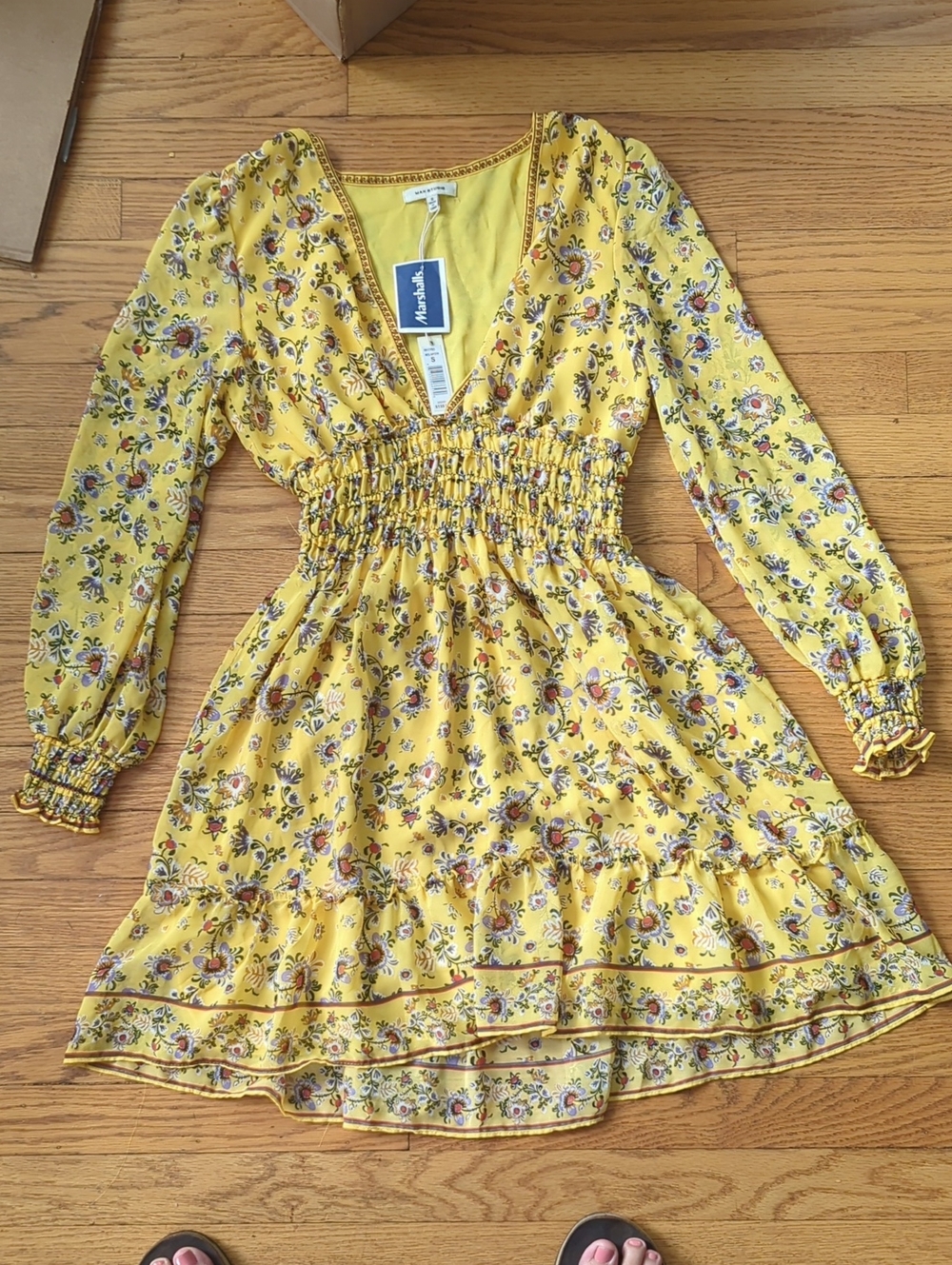 Max Studio Yellow Floral Long Sleeve Smocked Waist Dress